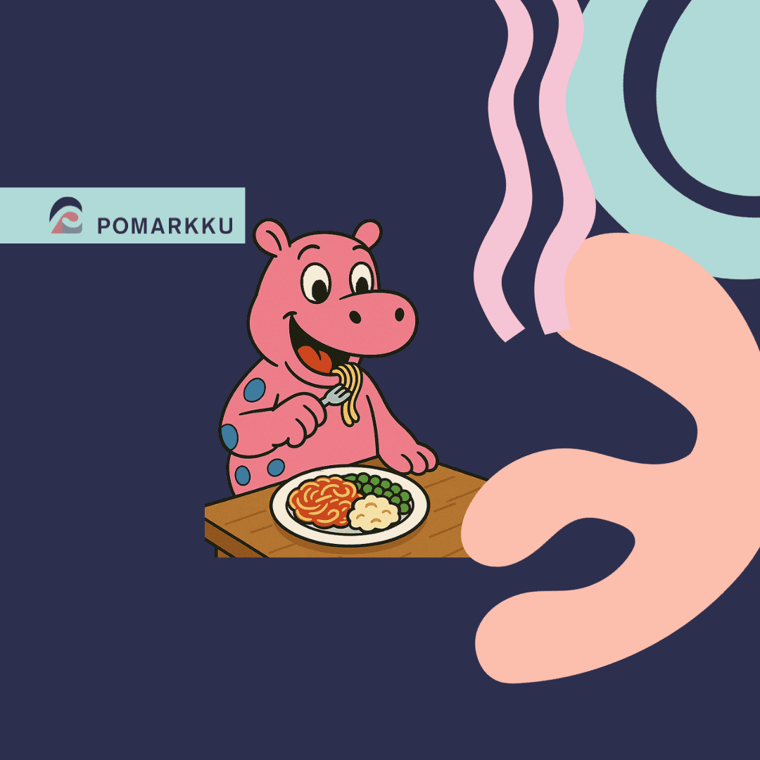 ruoka3 - Etusivu - Pomarkun kunta Koristeellinen kuva, virtahepo syö ruokaa, Pomarkku-logo.