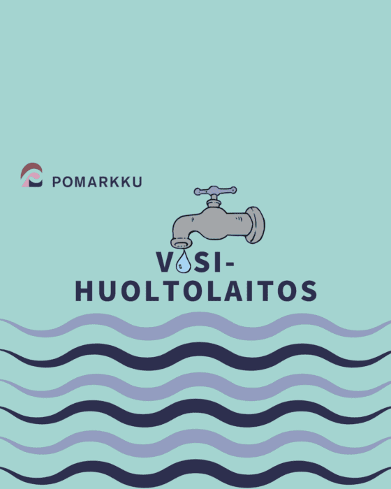 Koristeellinen kuva, aaltoja, vesipisara, vesihana, teksti v-esihuoltolaitos, Pomarkku-logo.