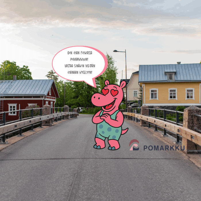 Silta, taloja, piirroshahmo, Olen ihan pihkassa Pomarkkuun. Vastaa sinäkin meidän ihanaan kyselyyn.