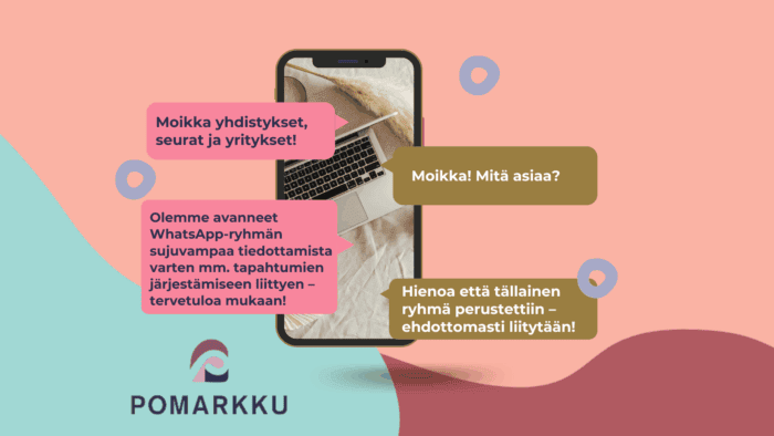 Koristeellinen kuva, kännykkä, puhekuplia, Pomarkku-logo.