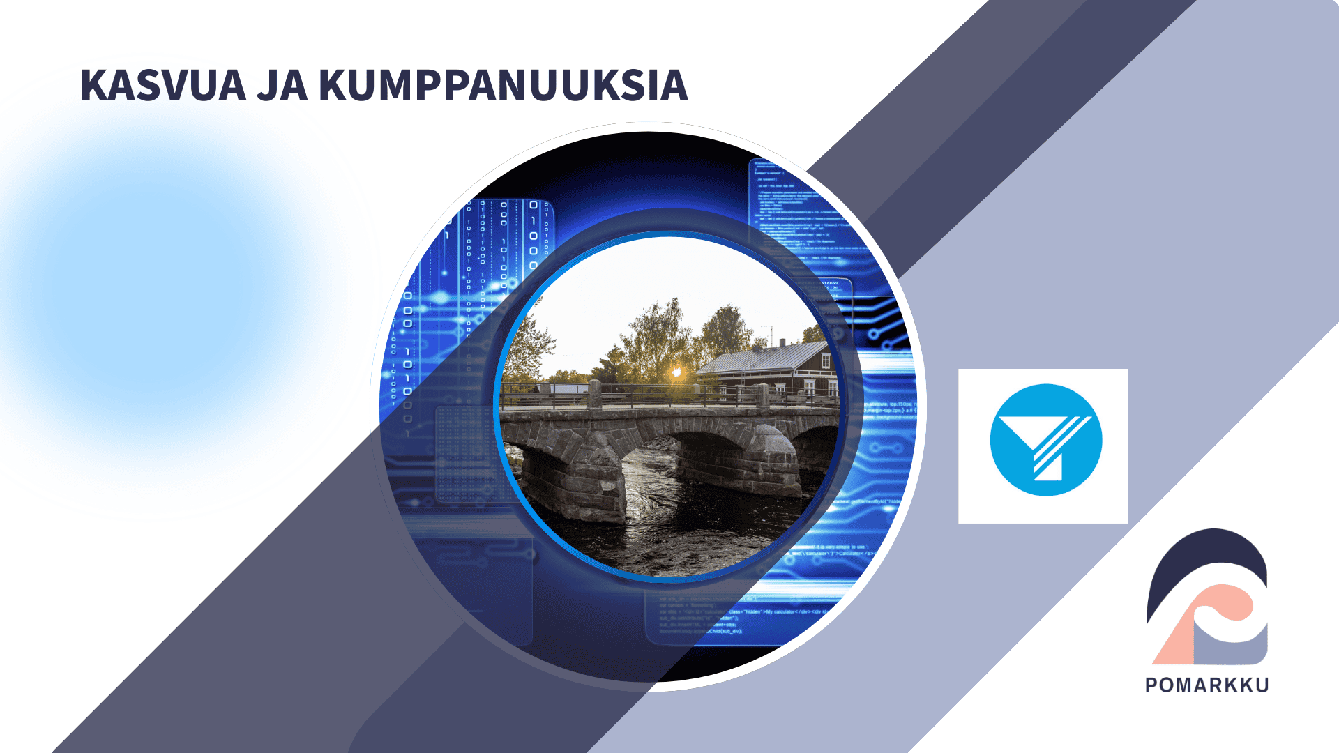 Koristeellinen kuva, Kasvua ja kumppanuuksia, Pomarkku-logo, Yrittäjät-logo.