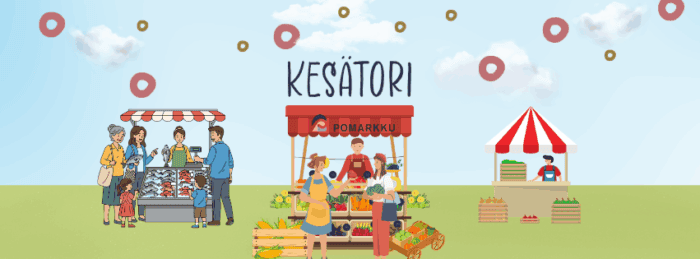 "Koristeellinen kuvituskuva, torikojuja, henkilöitä."
