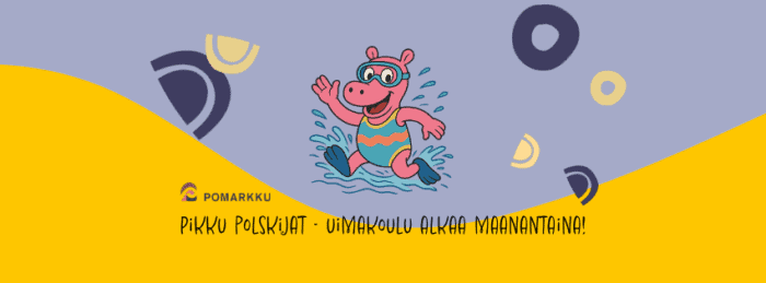 "Koristeellinen piirroskuva, Pikku polskijat - uimakoulu alkaa maanantaina!"