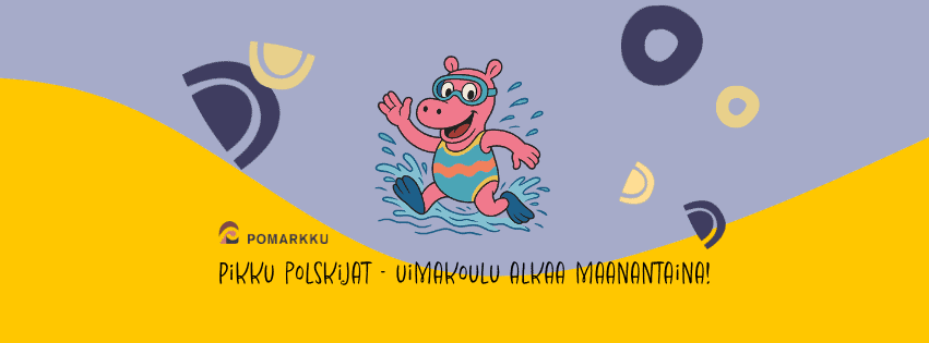 "Koristeellinen piirroskuva, Pikku polskijat - uimakoulu alkaa maanantaina!"