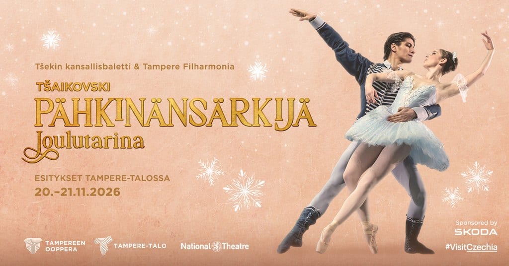 "Kuvateksti Tsekin kansallisbaletti & Tampere Filharmonia Tsaikovski Pähkinänsärkijä Joulutarina esitykset Tampere-talossa 20.-21.11.2026."